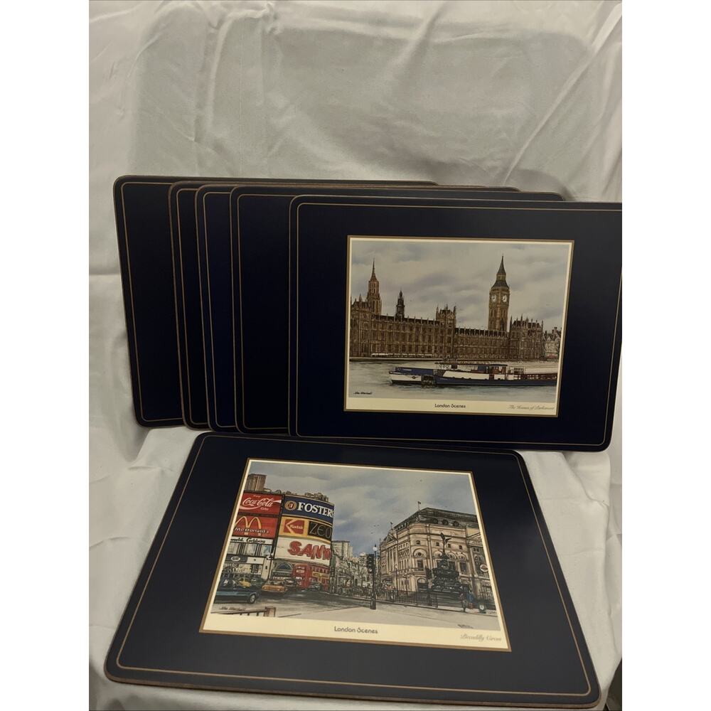 Set of 6 Vintage Pimpernel Cork Backed Placemats Old English Inns Orig Box 9x12"